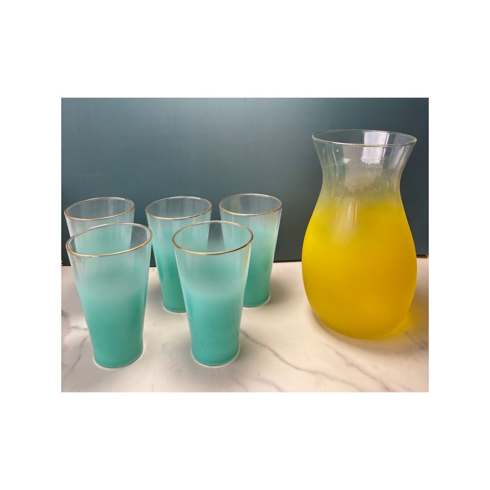 Vintage MCM Blendo Frosted Turquoise Gold Rim Tumblers Yellow Pitcher Set 6pc